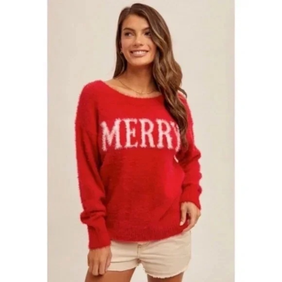 Red Merry Soft Fuzzy Eyelash Christmas Holiday Knit Pullover Sweater - Picture 6 of 10